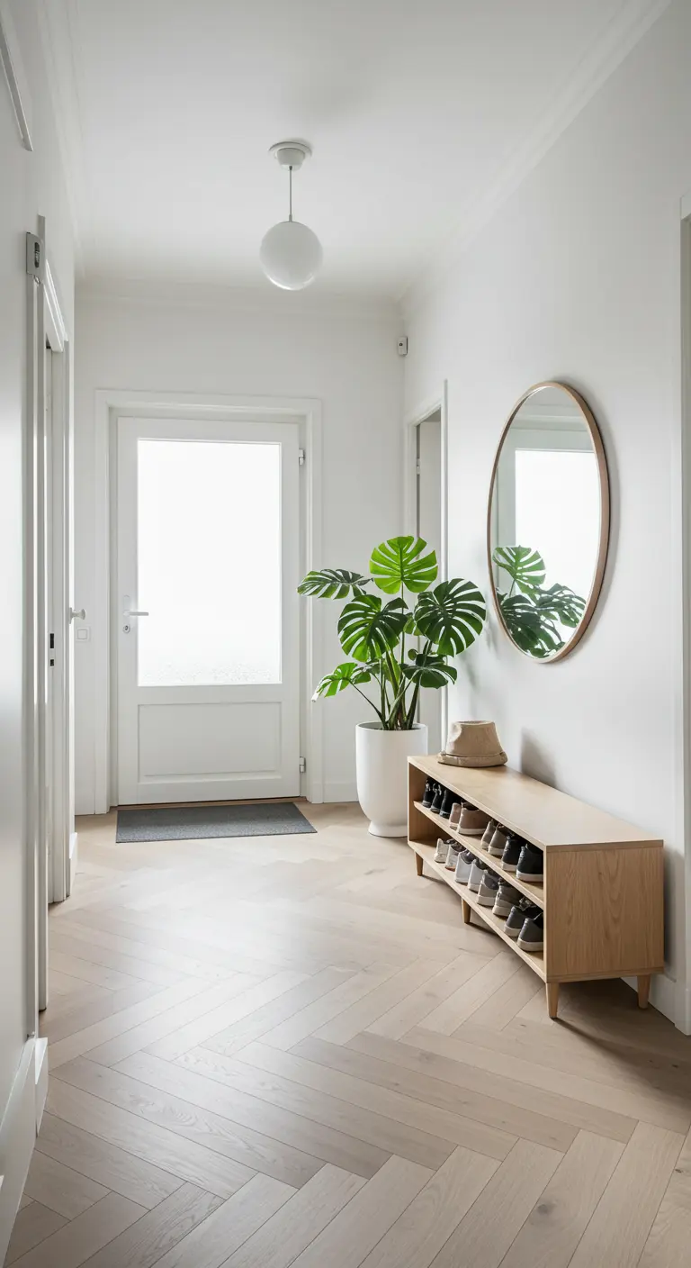 Recibidor minimalista escandinavo con paredes blancas, zapatero de madera y espejo redondo.