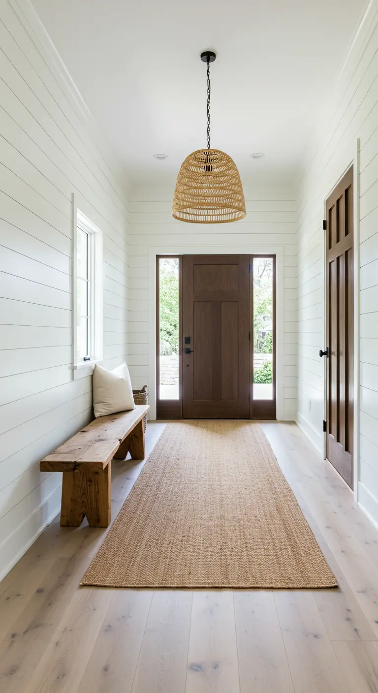 Entrada luminosa con paredes blancas de listones, banca de madera y lámpara de mimbre colgante