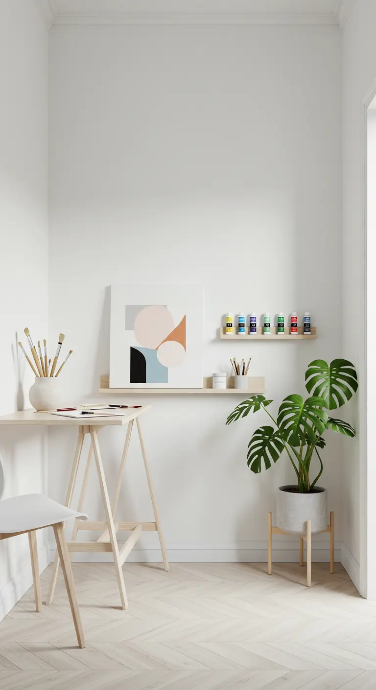Estudio de arte minimalista con paredes blancas, escritorio de madera clara y una planta Monstera.