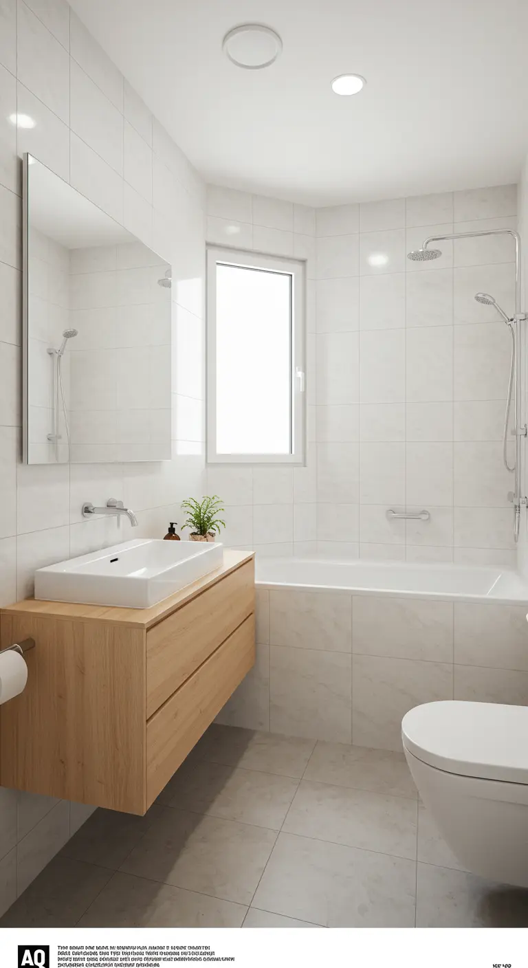 Baño completamente blanco con mueble flotante de madera clara y bañera alicatada