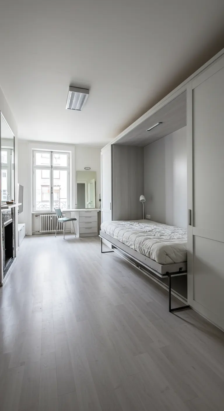 Estudio minimalista y blanco con una cama abatible desplegada junto a una pequeña zona de escritorio.