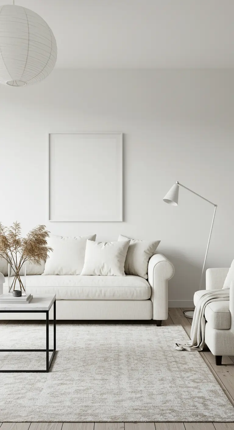 Sala de estar blanca con un sofá blanco y un gran marco vacío en la pared