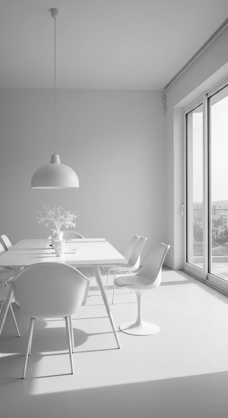 Comedor totalmente blanco con mesa y sillas de diferentes formas, todas pintadas de blanco.