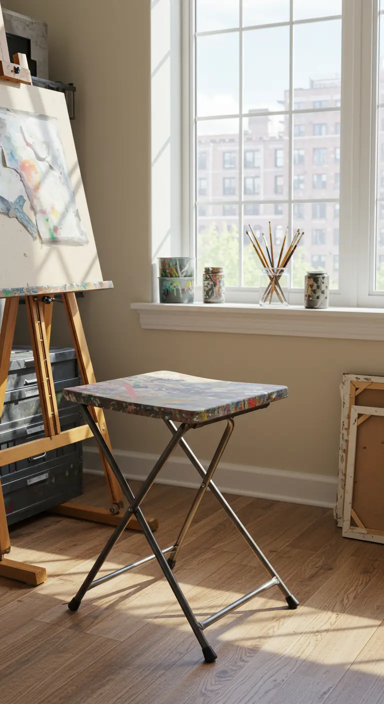 Taburete plegable con salpicaduras de pintura en el estudio de un artista.