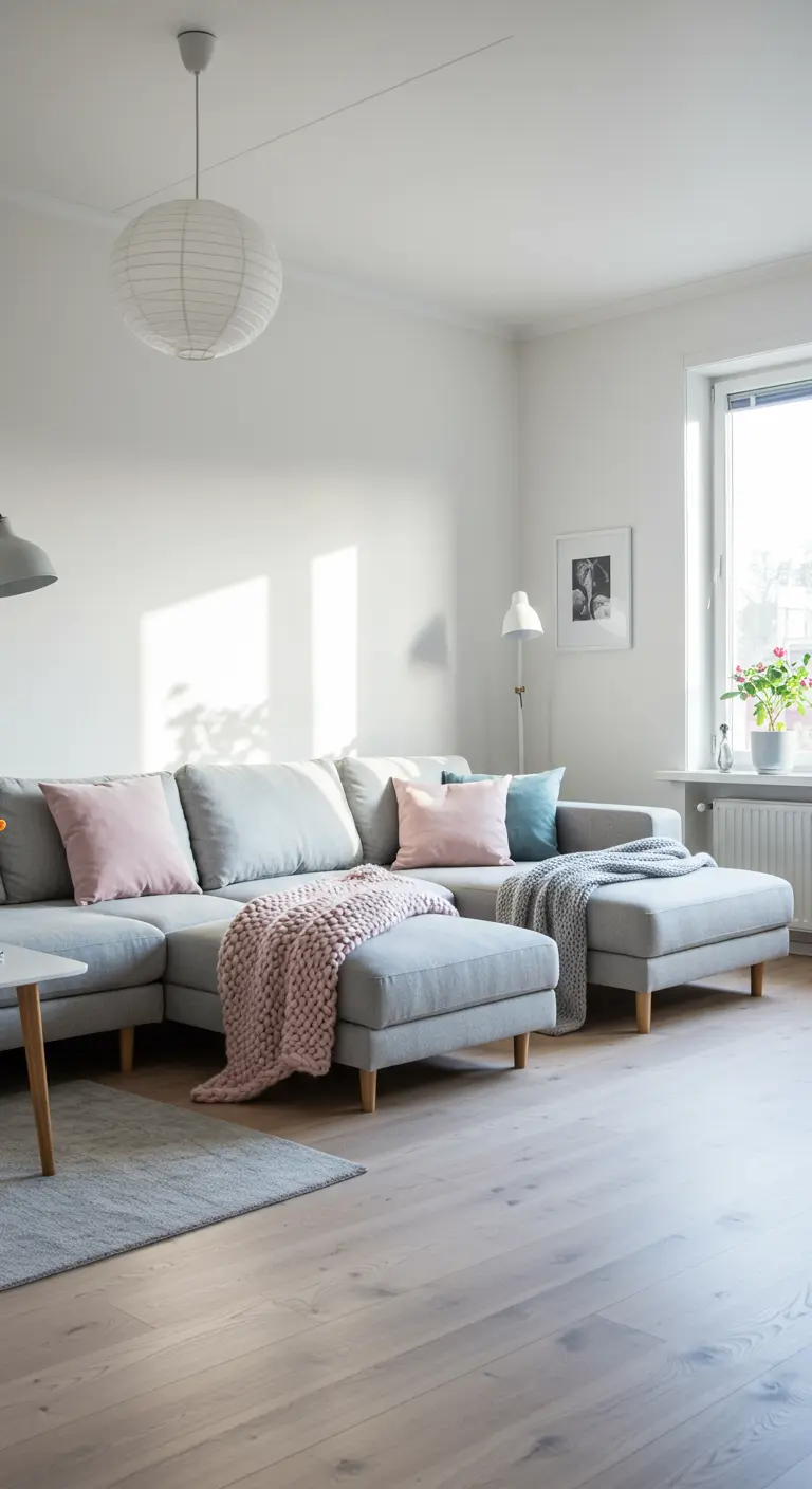 Sofá modular gris claro en una sala de estar luminosa con cojines rosas y una manta de punto.