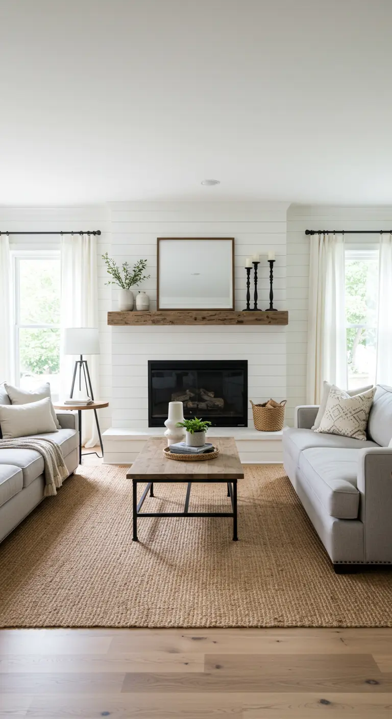 Sala de estar farmhouse moderna con chimenea blanca, repisa de madera y sofás neutros