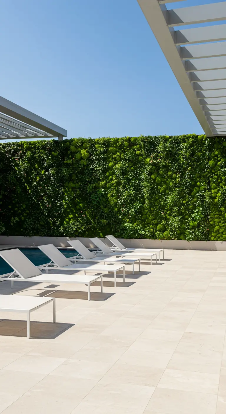 Zona de piscina con tumbonas blancas y una pared verde de musgo exuberante.