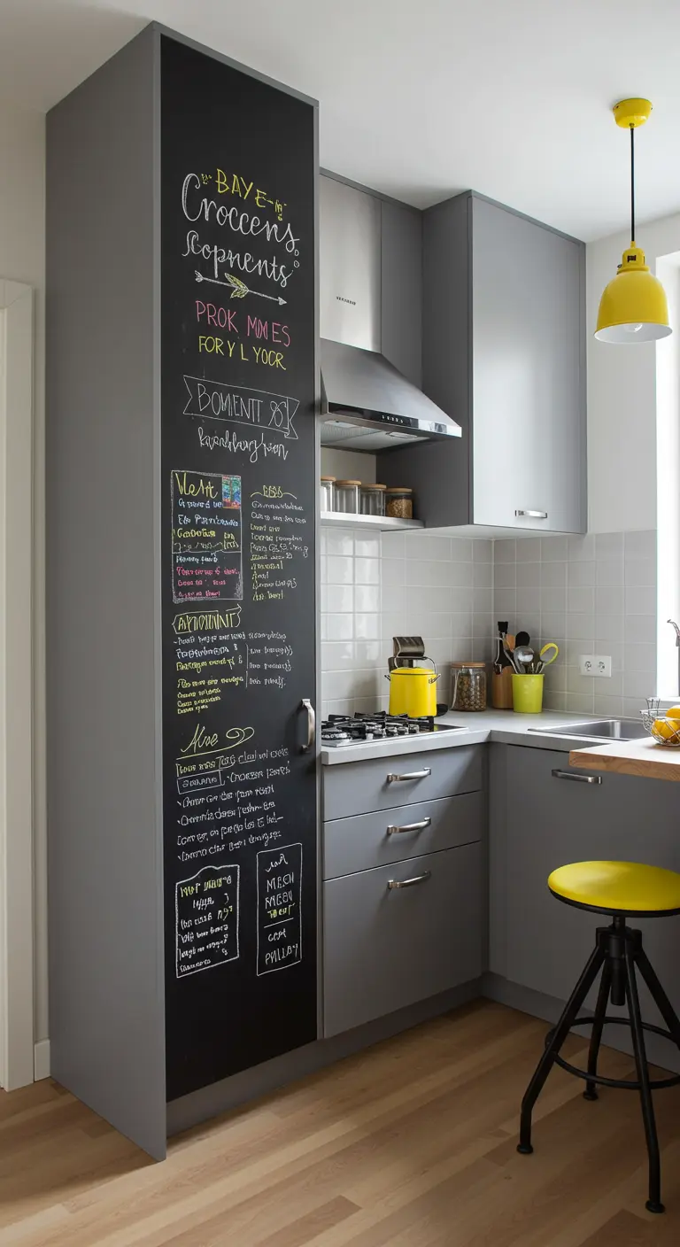 Cocina moderna gris con el lateral de un armario alto pintado con pintura de pizarra y lleno de listas.
