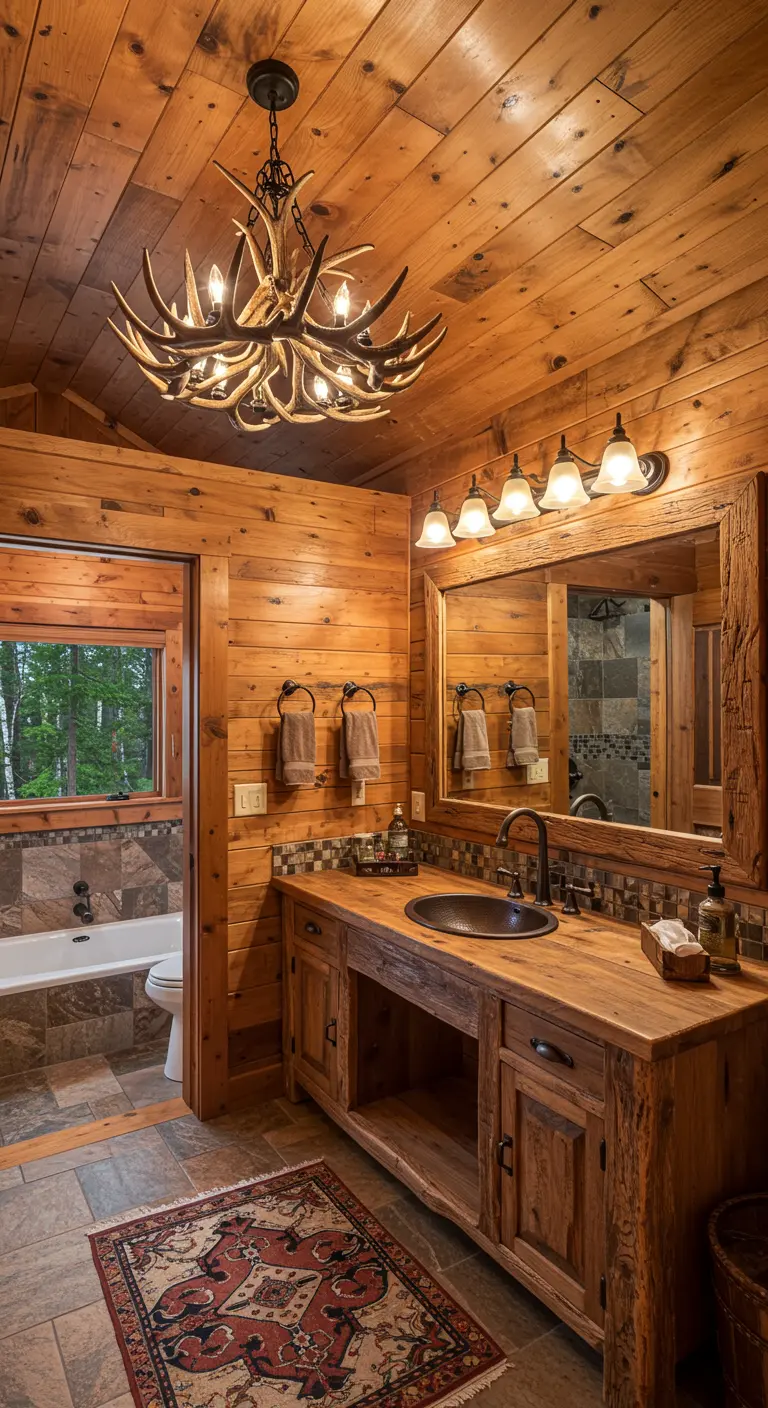 Baño rústico de madera con una lámpara colgante hecha de astas de ciervo