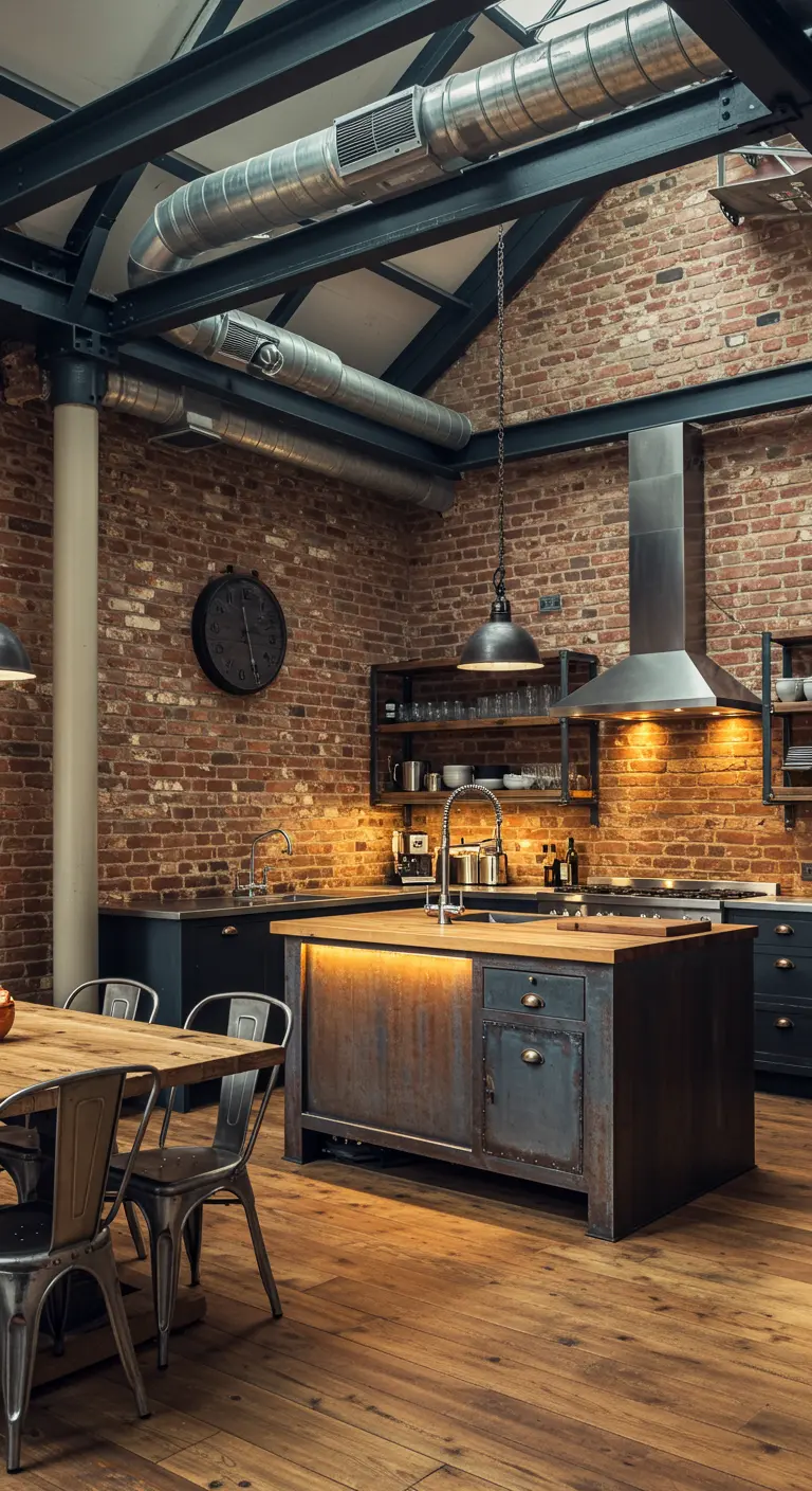 Amplia cocina industrial en un loft con techos altos, vigas de acero y paredes de ladrillo.