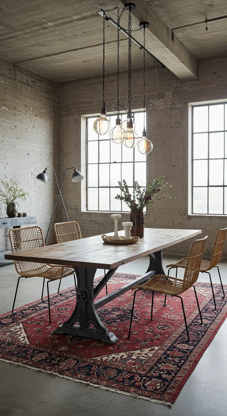 Comedor en un loft industrial con paredes de hormigón, mesa de madera y hierro