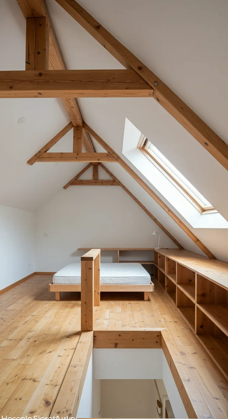 Ático luminoso con vigas de madera expuestas y muebles de madera a medida