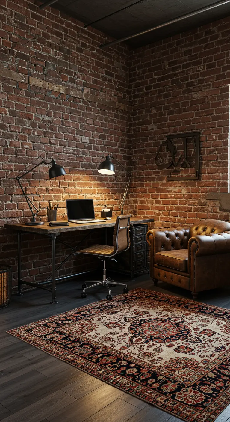 Oficina en casa con pared de ladrillo, escritorio industrial y sillón de cuero Chesterfield.