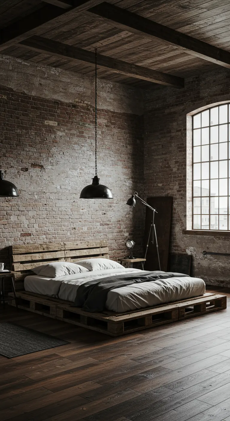 Cama de palets en un loft industrial con paredes de ladrillo y grandes ventanales.