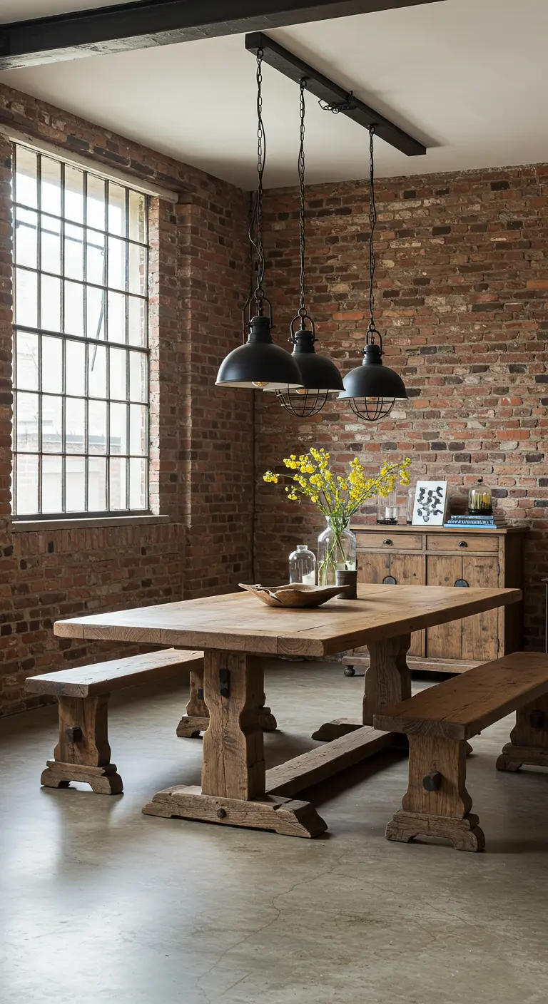 Comedor estilo loft con pared de ladrillo, mesa de madera con bancos y lámparas industriales