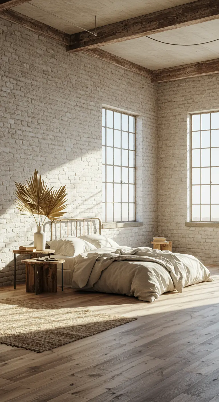 Dormitorio tipo loft con pared de ladrillo blanco, cama baja y hojas de palmera secas