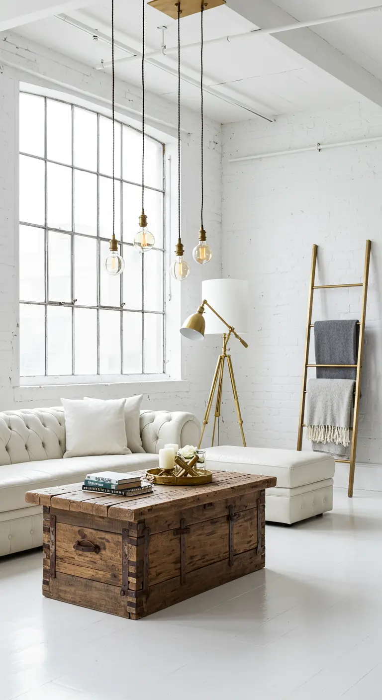 Salón tipo loft con pared de ladrillo blanco, sofá chésterfield y una mezcla de elementos rústicos e industriales dorados