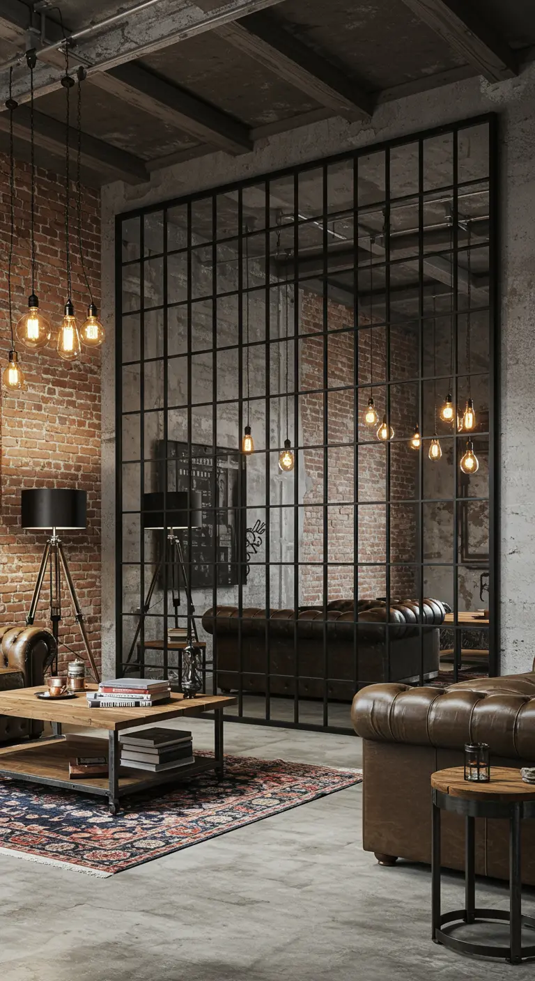 Enorme espejo de cuarterones negros que cubre una pared en un salón de estilo industrial