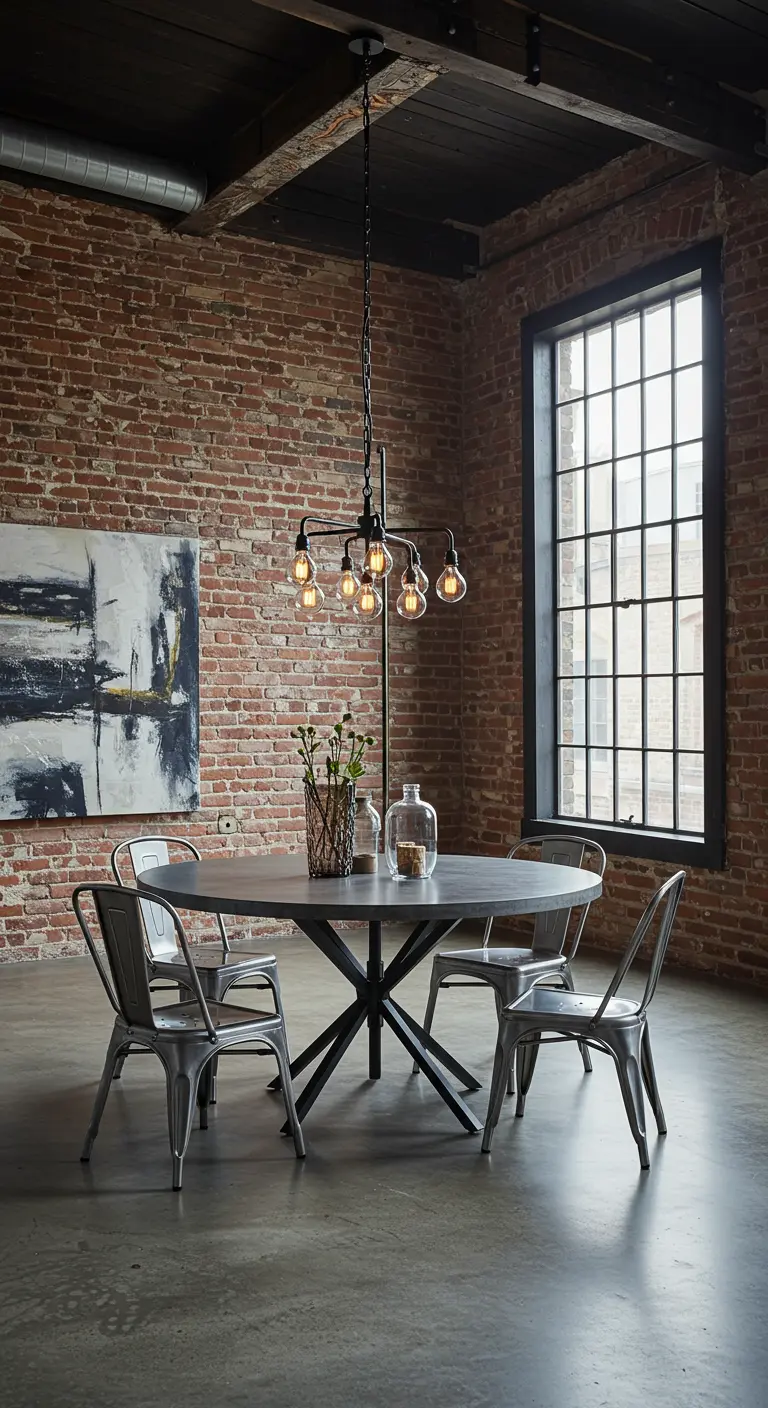 Comedor de estilo industrial con pared de ladrillo, mesa de hormigón y sillas metálicas.