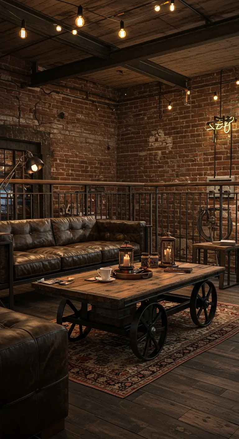Espacio chill out de estilo industrial con pared de ladrillo, sofá de cuero y mesa con ruedas.