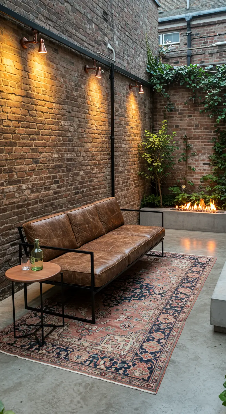 Patio interior de estilo industrial con pared de ladrillo, sofá de cuero y una alfombra persa