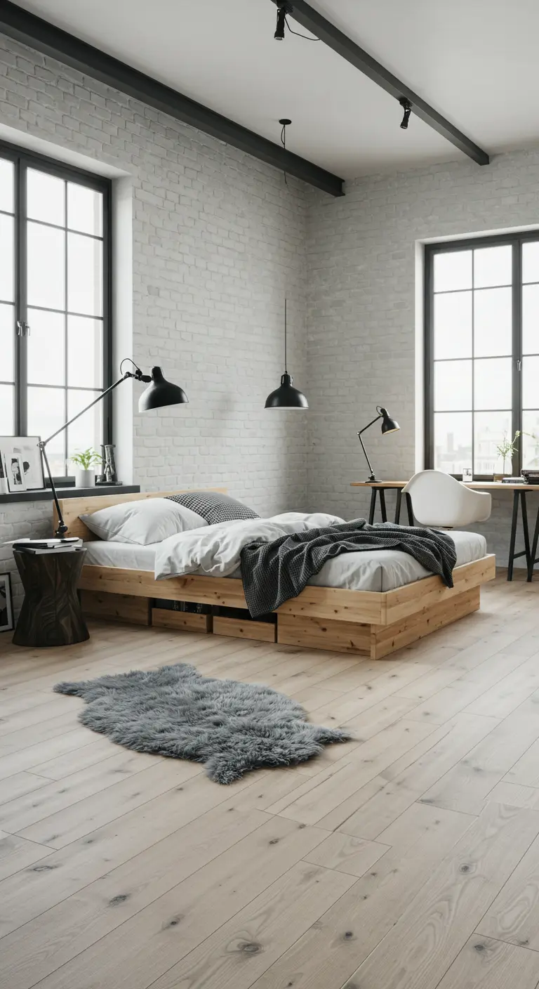 Dormitorio de estilo nórdico e industrial con ladrillo blanco, madera clara y detalles en negro