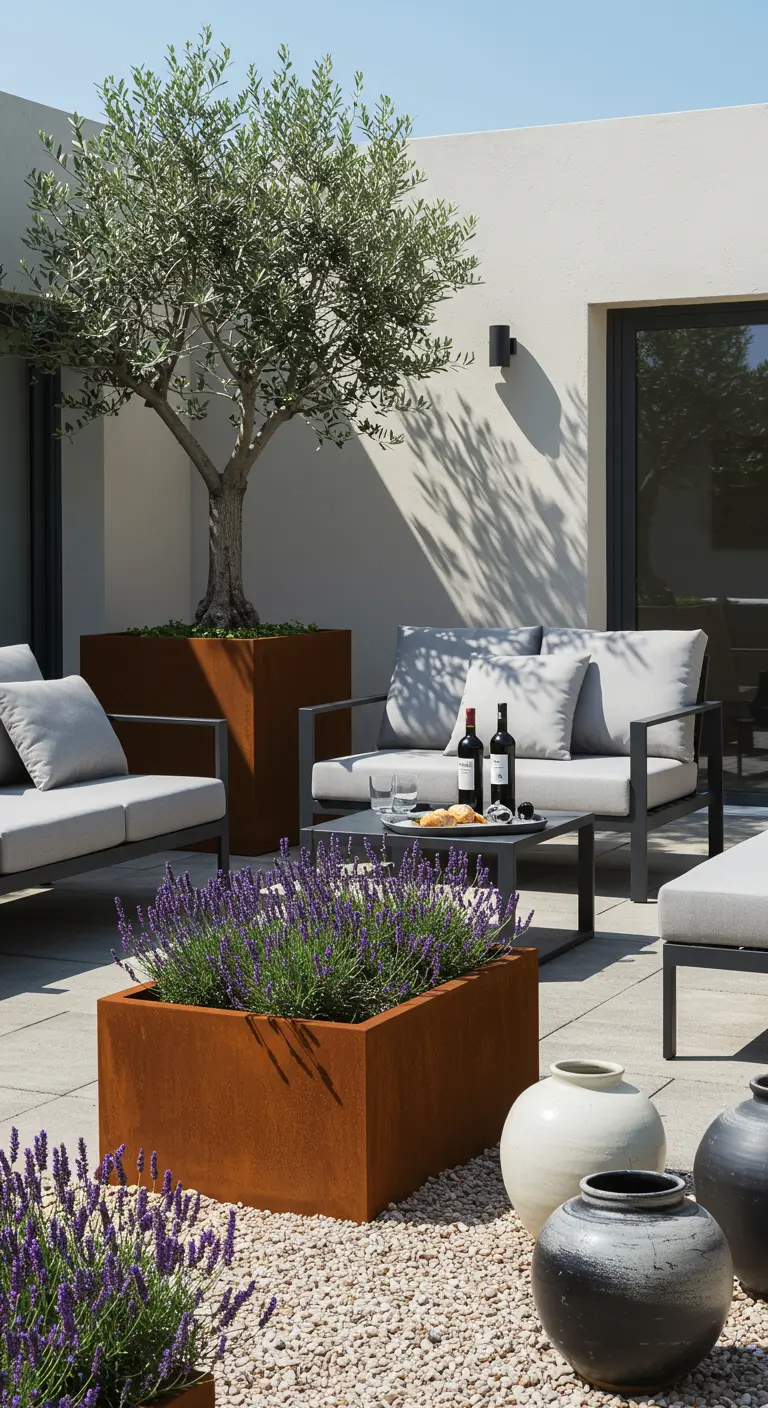 Patio moderno con sofás grises y grandes maceteros de acero corten con un olivo y lavanda.