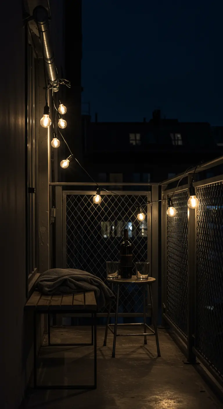 Balcón de estilo industrial con barandilla de malla, muebles de metal y madera, y bombillas Edison.