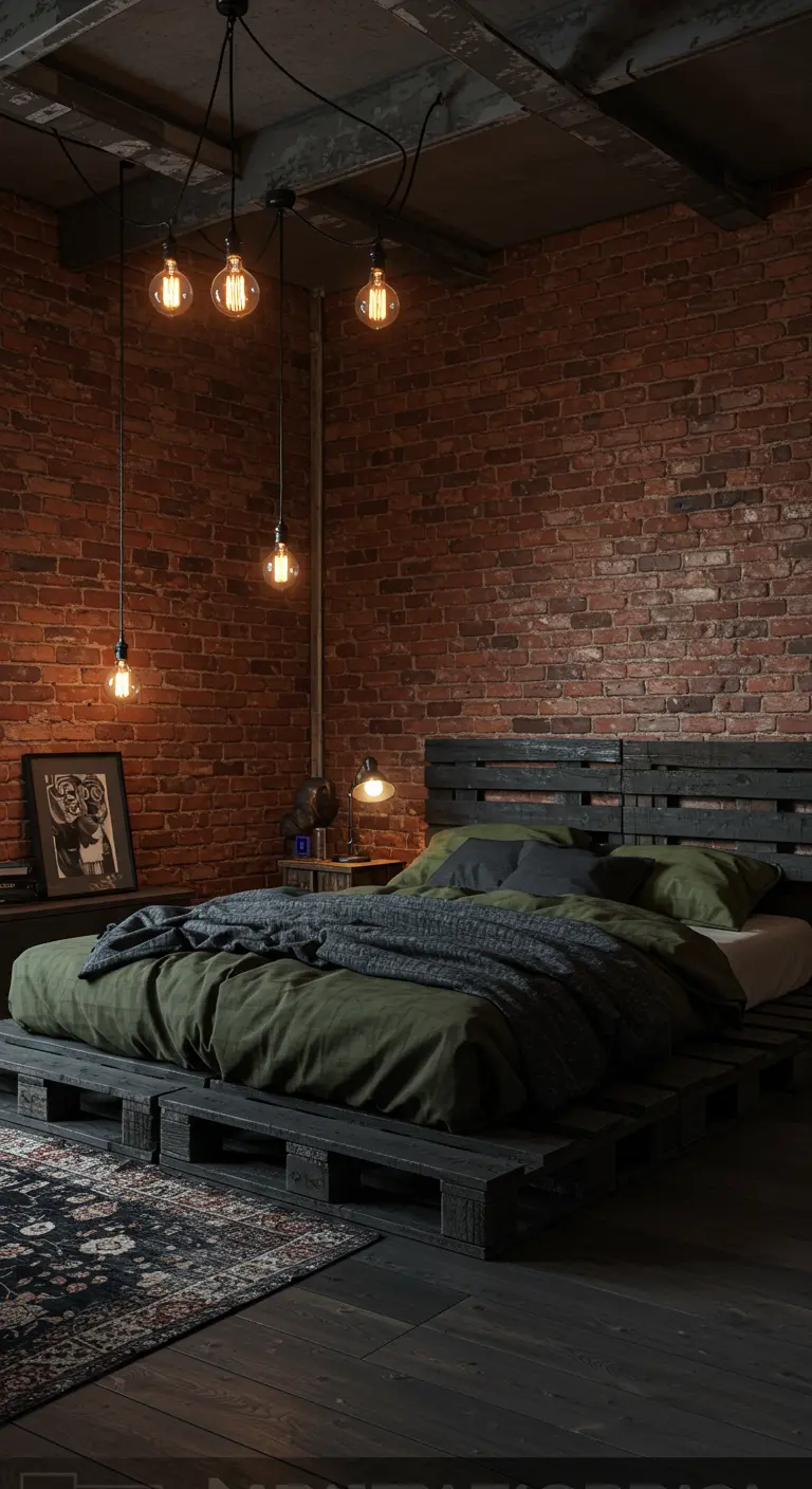 Dormitorio industrial con cama de palets negros, pared de ladrillo y bombillas Edison colgantes.