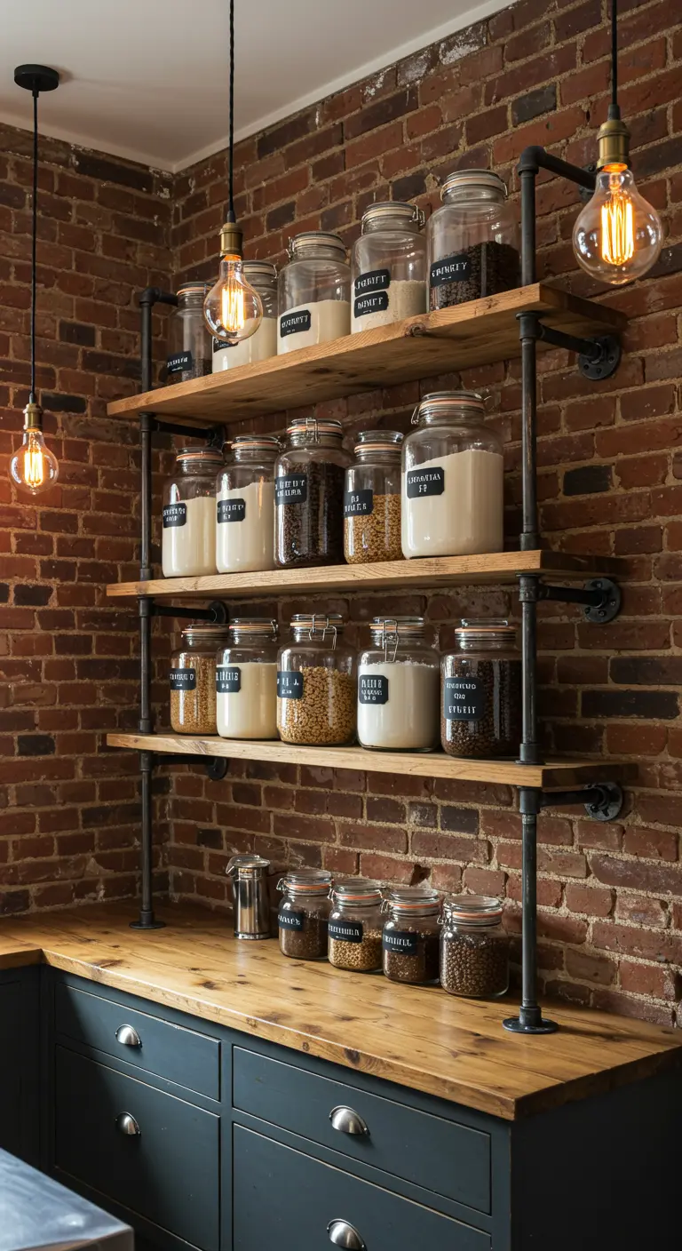 Estantería de estilo industrial con tuberías de metal y madera, llena de frascos de vidrio.