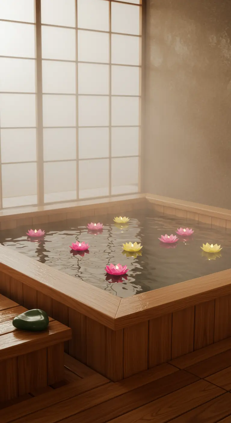 Bañera japonesa de madera con velas flotantes en forma de flor de loto.