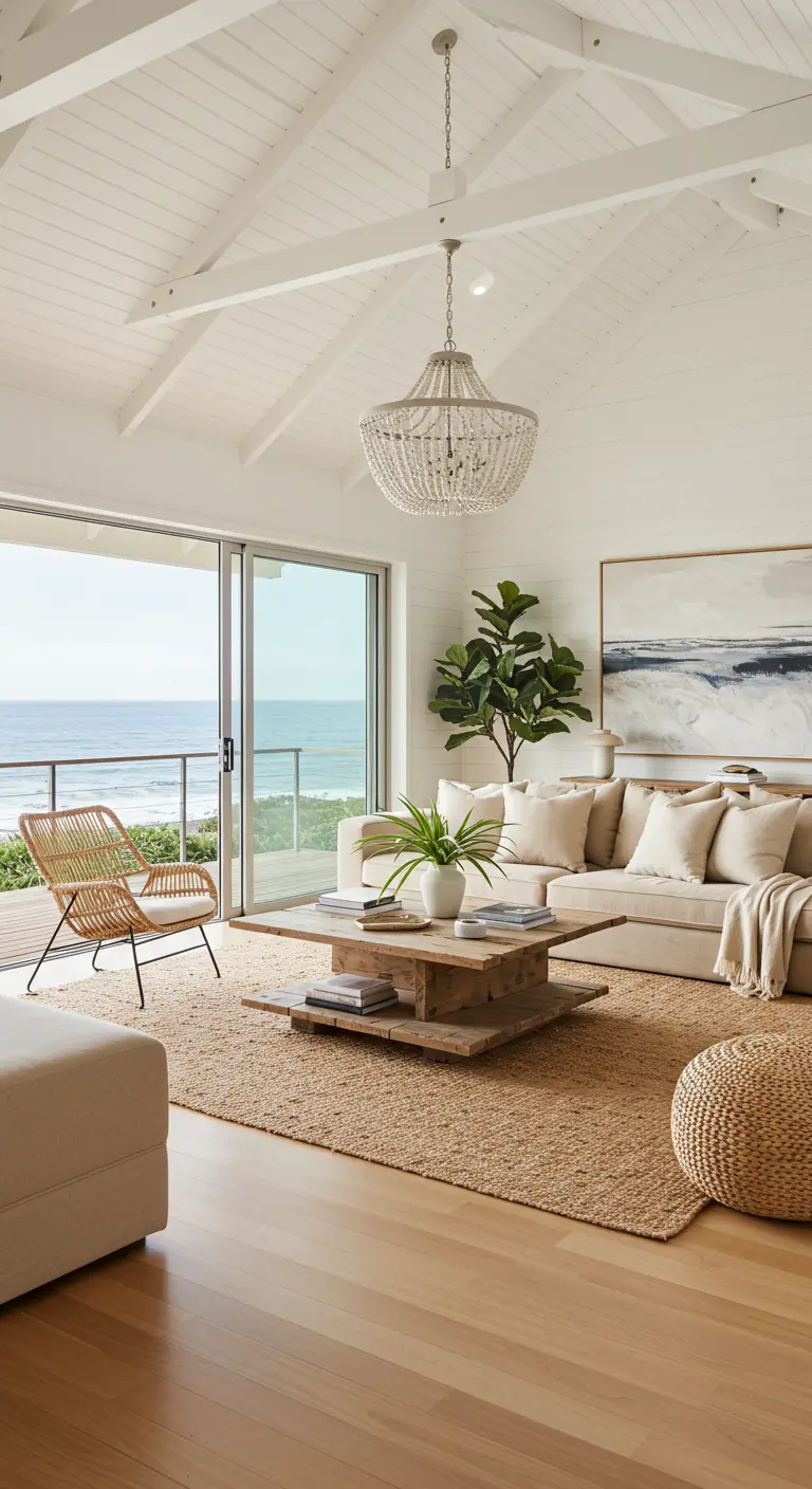 Sala de estar costera con techo abovedado blanco, lámpara de cuentas y vistas al mar.