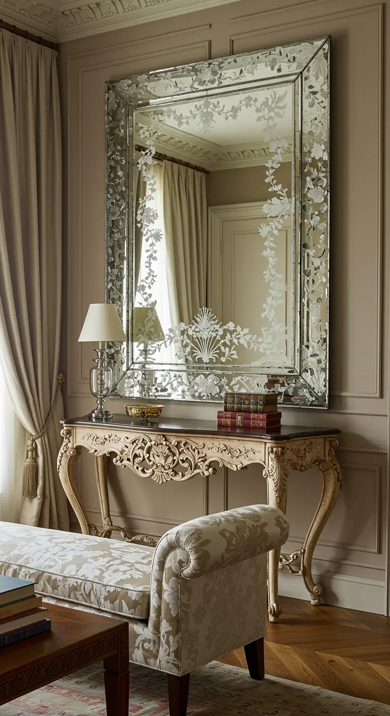 Gran espejo veneciano con grabados florales sobre una consola ornamentada de estilo clásico