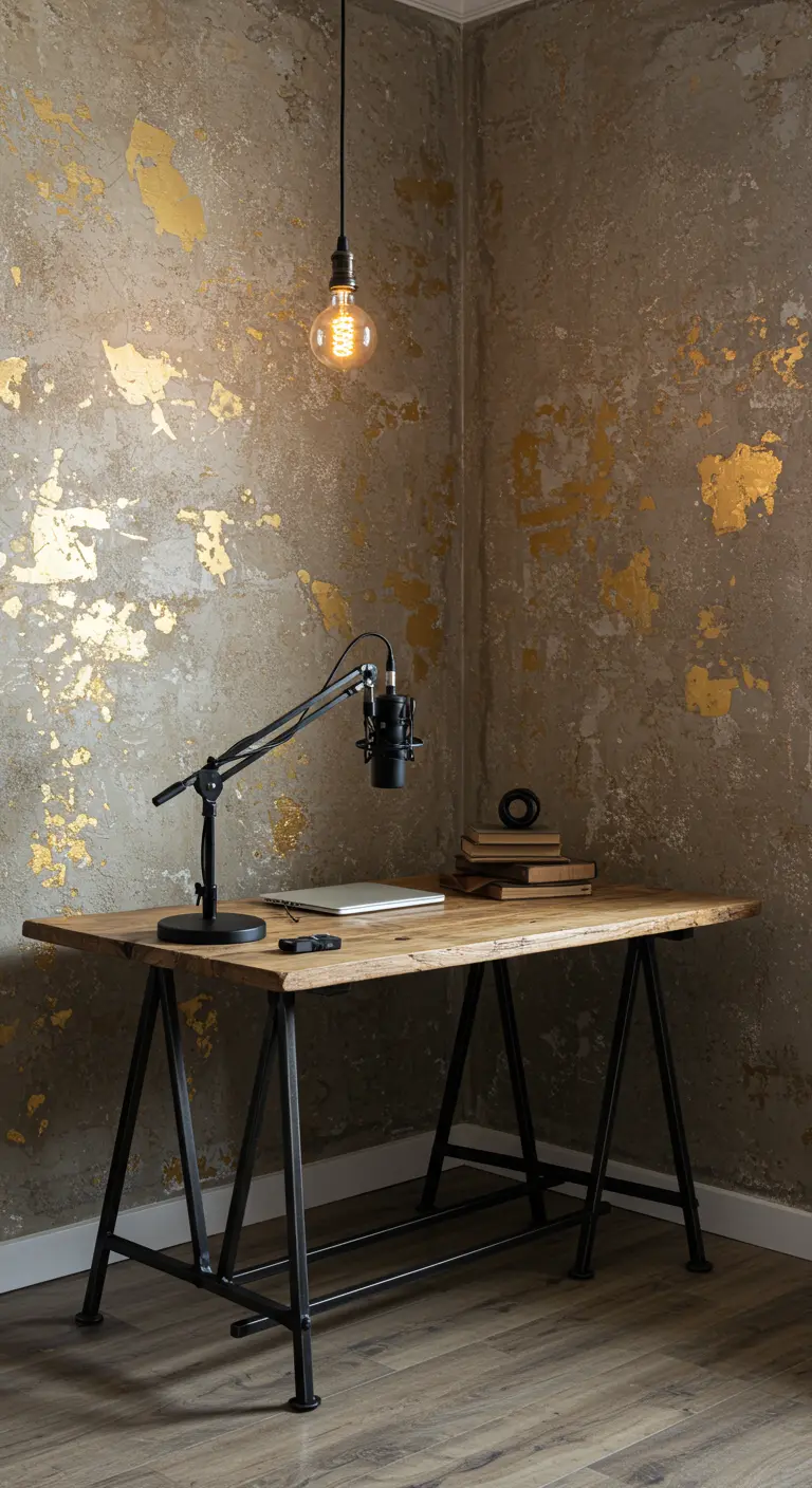 Rincón de podcast con pared de efecto hormigón desgastado y detalles de pan de oro.