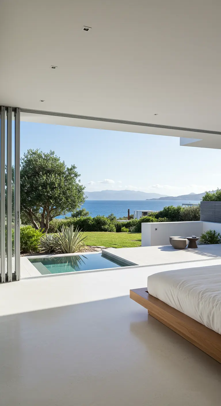 Dormitorio minimalista blanco abierto a una terraza con piscina y vistas al mar.