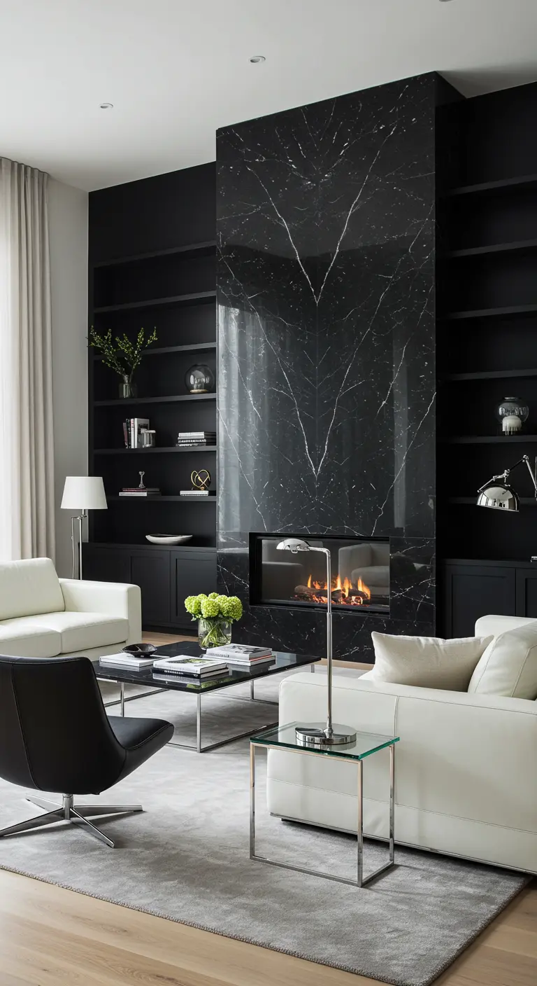 Impresionante chimenea de mármol negro hasta el techo, flanqueada por estanterías negras.