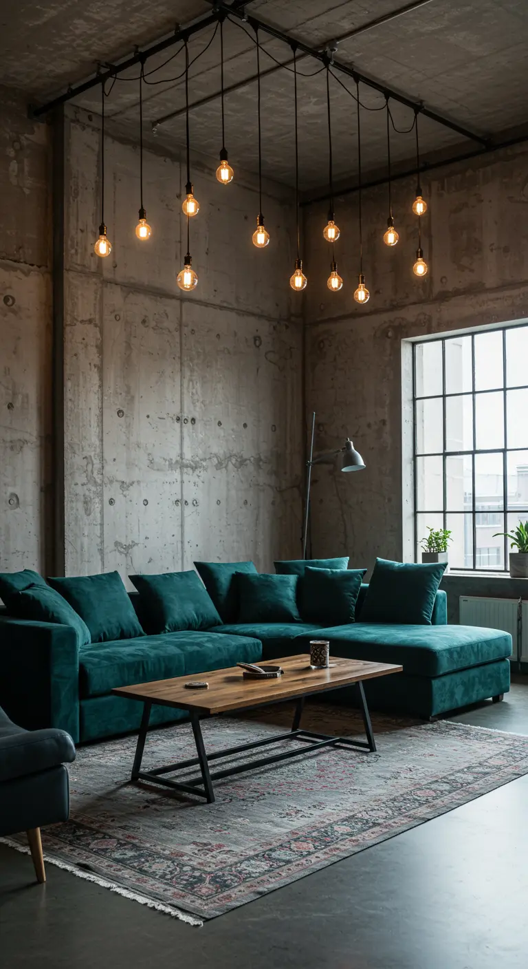 Loft de estilo industrial con un gran sofá de terciopelo verde azulado y luces colgantes.