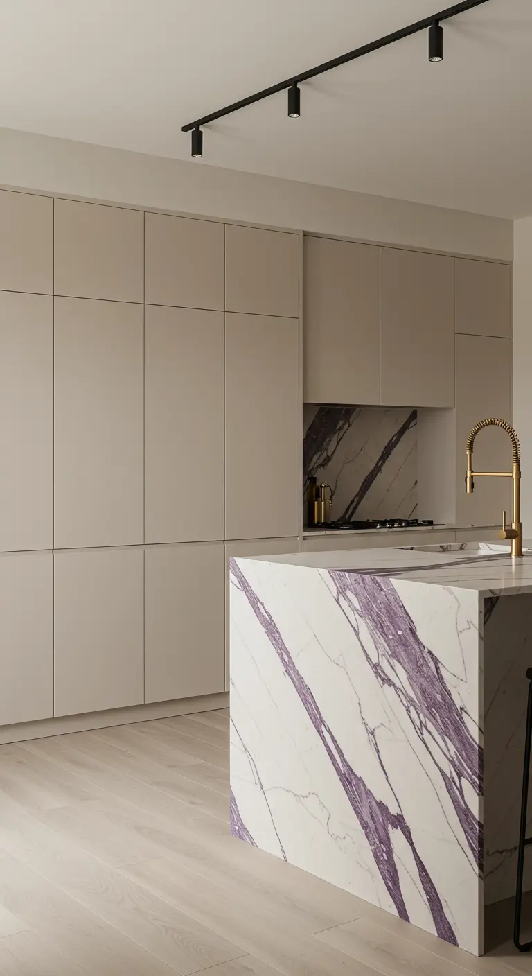 Cocina beige minimalista con isla de mármol blanco con vetas púrpuras.
