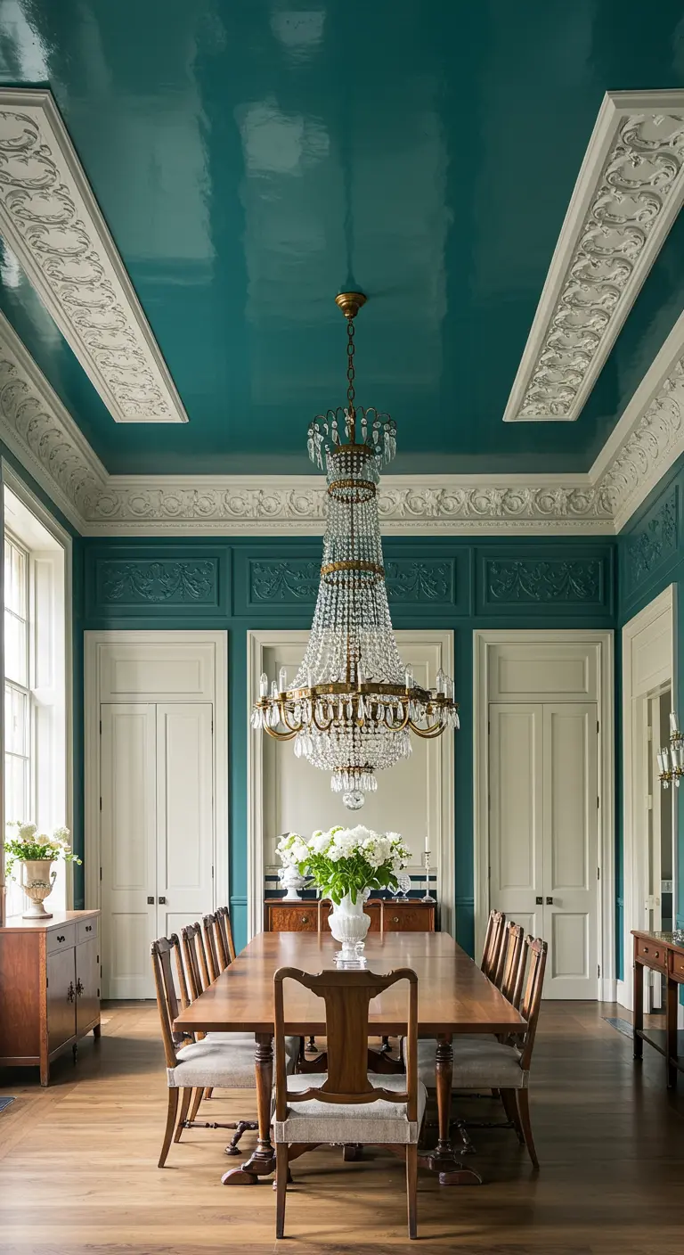 Comedor señorial con un techo lacado en verde azulado brillante que refleja la luz del candelabro.