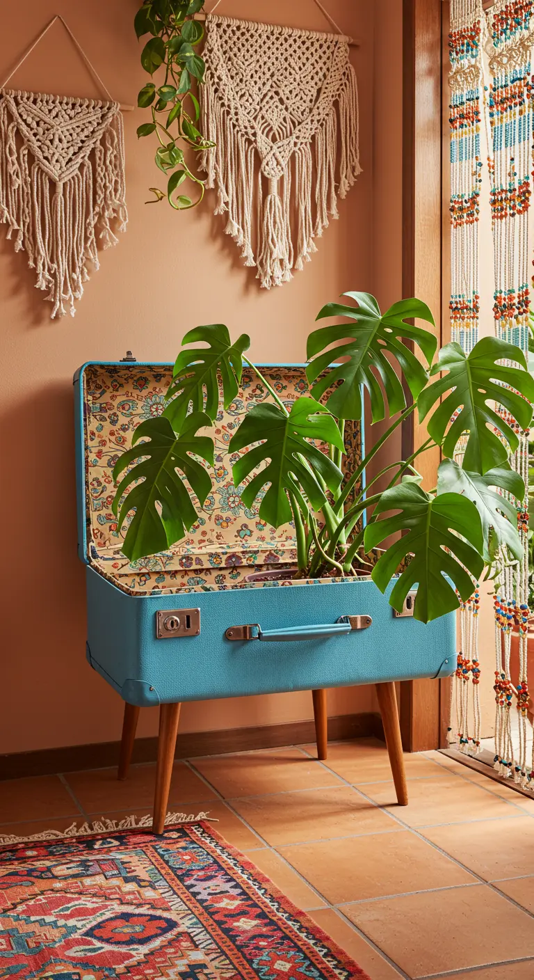 Maleta azul turquesa con patas de madera convertida en un original macetero para una planta.