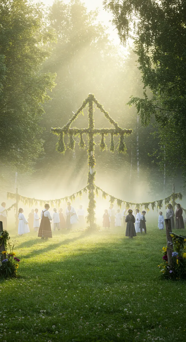 Personas celebrando alrededor de un poste de Midsommar decorado con vegetación en un bosque brumoso.