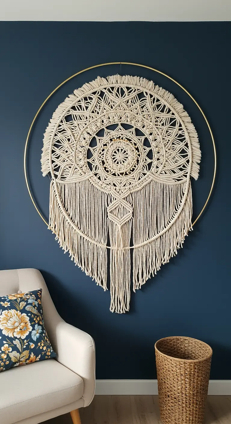 Mandala de macramé en color natural tejido sobre un aro dorado, colgado en una pared azul.