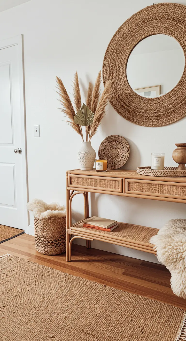 Rincón de entrada boho con consola de ratán, espejo de yute y hierba de pampa