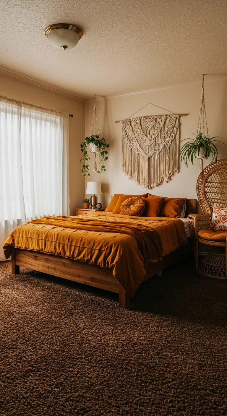 Dormitorio boho de los 70 con cama de madera, colcha mostaza y macramé en la pared.