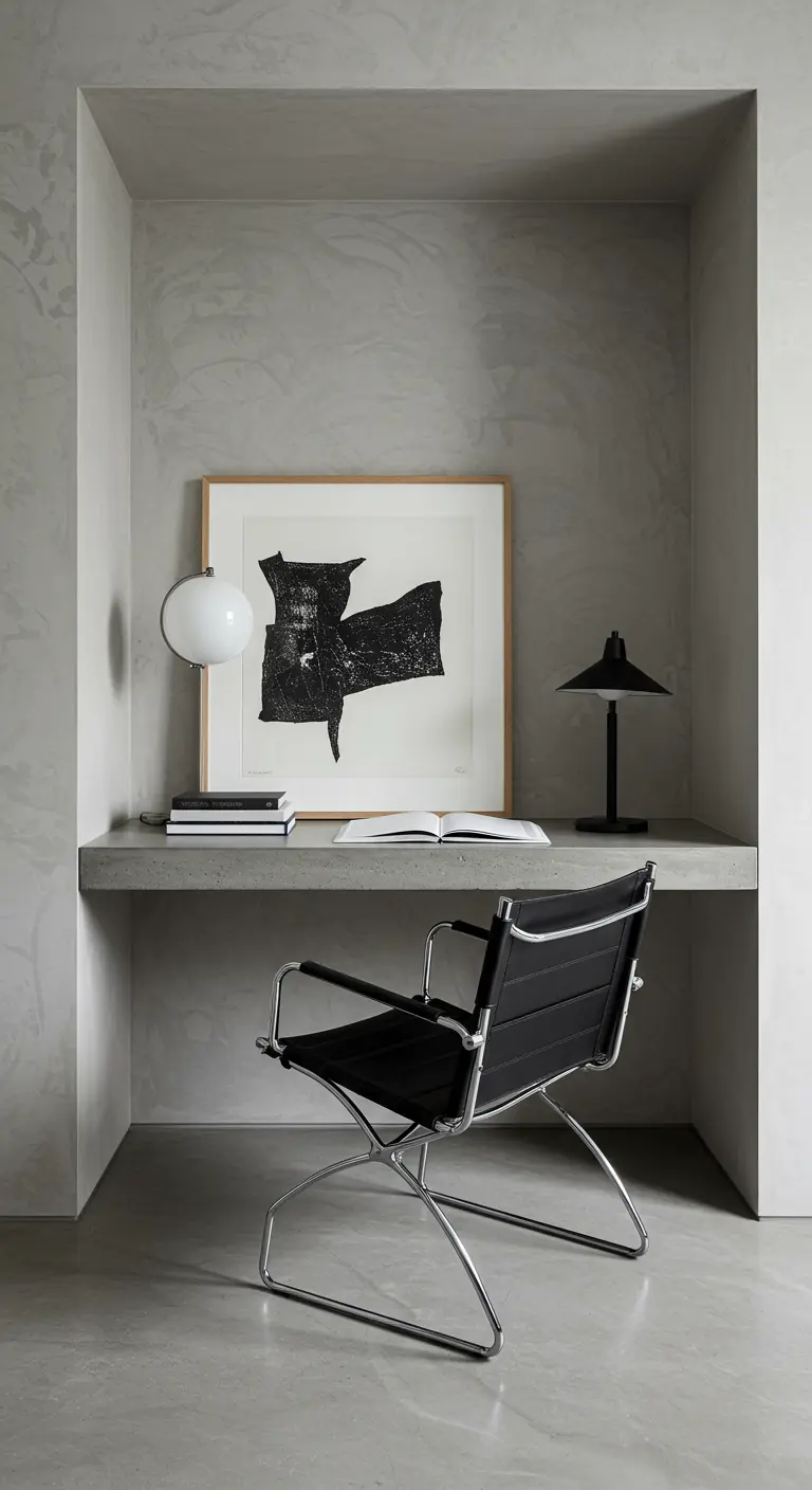 Nicho de oficina de hormigón con una obra de arte abstracta en blanco y negro y silla de diseño.