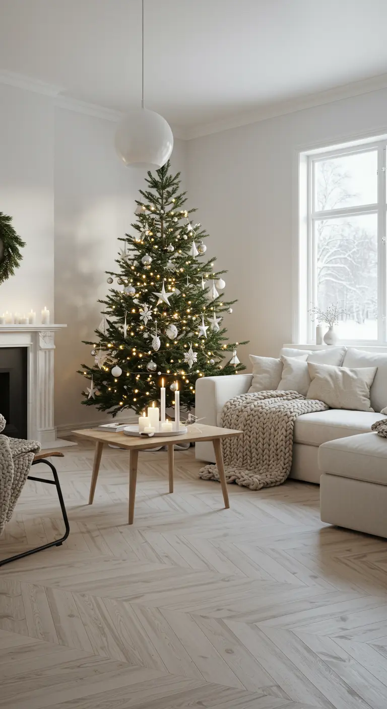 Salón escandinavo con árbol de Navidad decorado con luces cálidas y adornos blancos y de madera