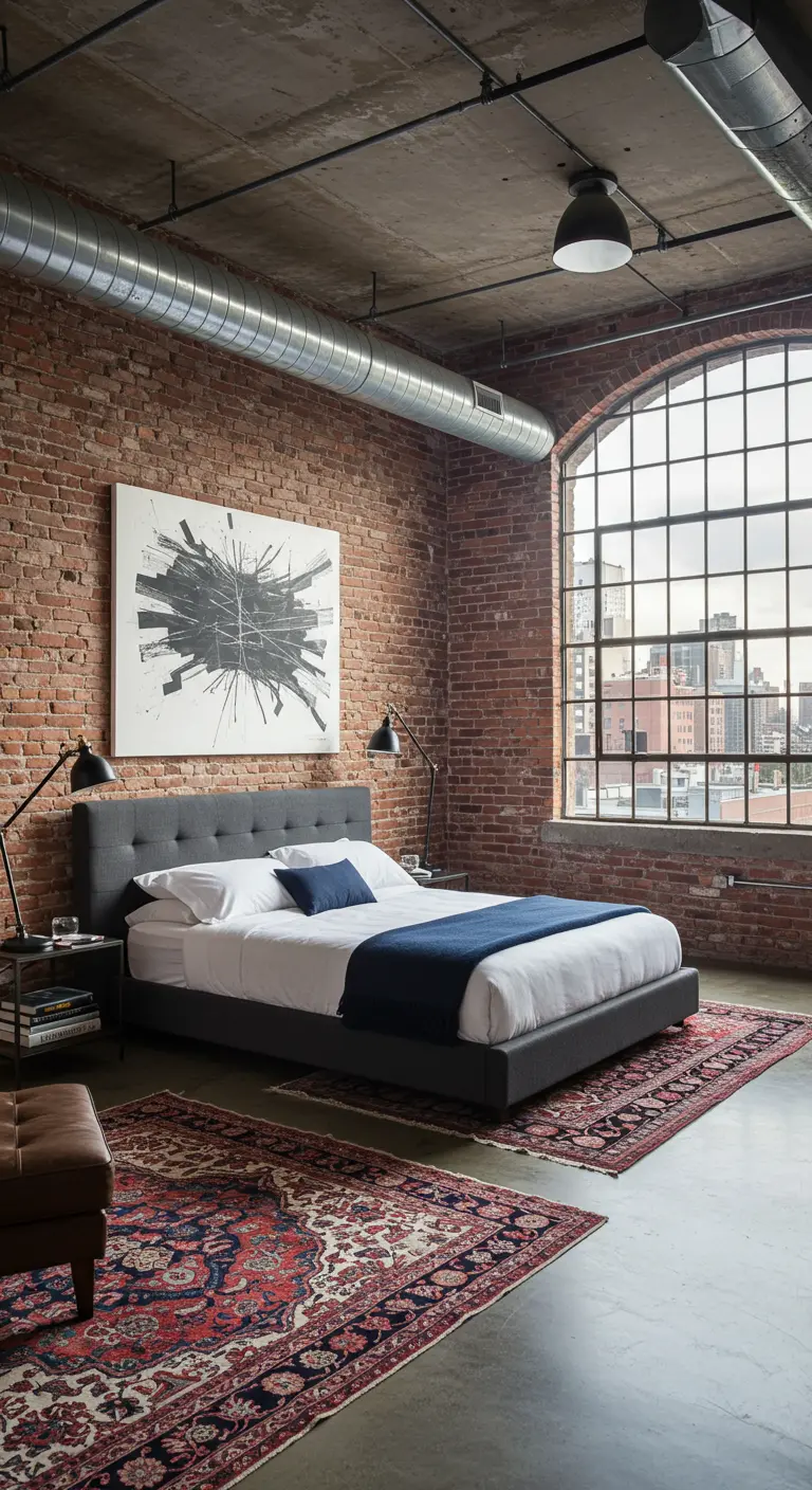 Dormitorio estilo loft con pared de ladrillo, cama gris y alfombras persas