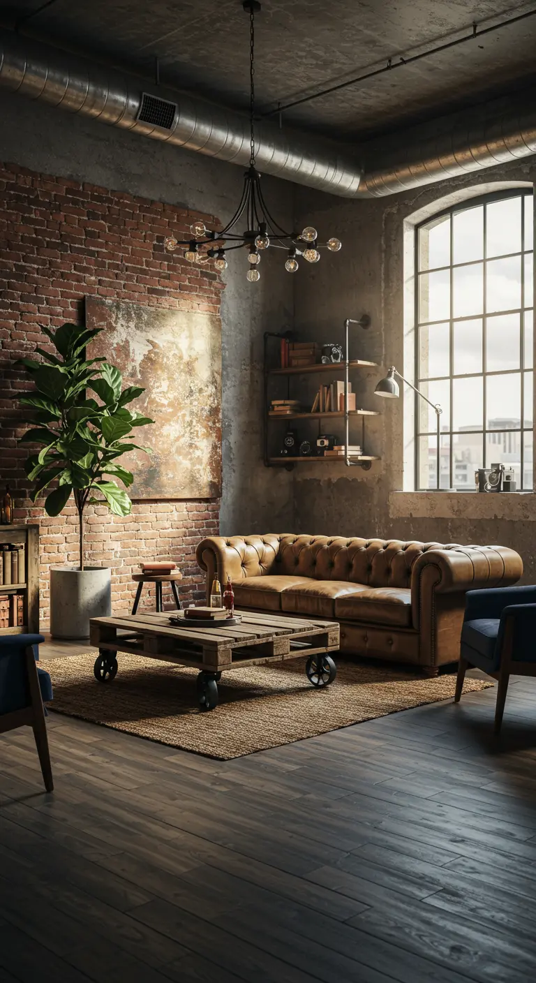 Sala de estar industrial con sofá Chesterfield de cuero, pared de ladrillo y mesa de palets.