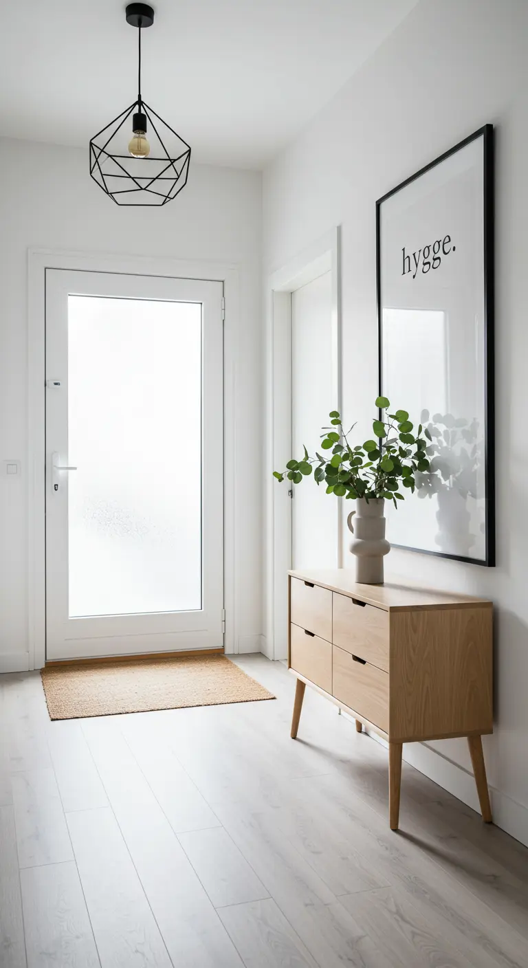 Recibidor minimalista con un cuadro grande que dice 'hygge' sobre una consola de madera.
