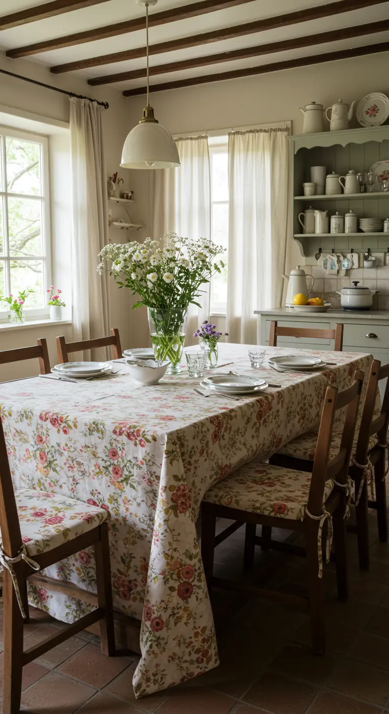 Mesa de comedor cubierta con un largo mantel floral y rodeada de sillas de madera.